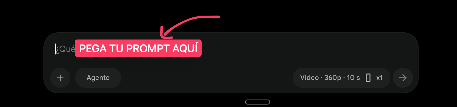 Campo de texto de Google Flow señalado con la leyenda «Pega tu prompt aquí»