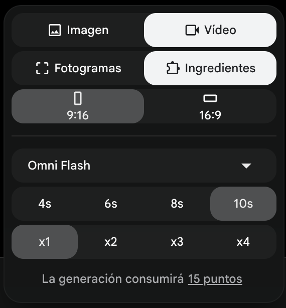 Panel de Google Flow con Vídeo e Ingredientes seleccionados, formato 9:16, modelo Omni Flash y duración de 10 segundos