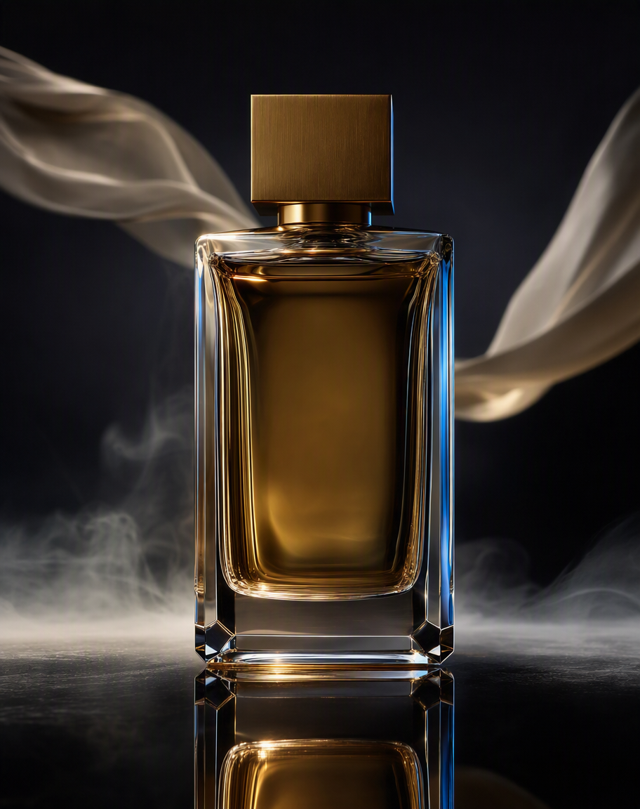 Frasco de perfume de vidrio facetado con tapa dorada sobre piedra negra, con seda color marfil y humo gris detrás