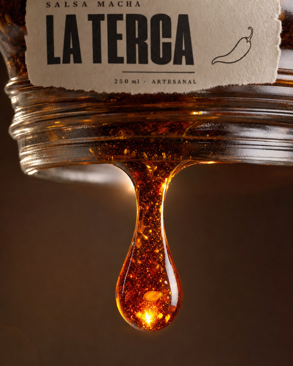 Macro del borde de un frasco con una gota espesa de aceite de chile colgando, iluminada a contraluz