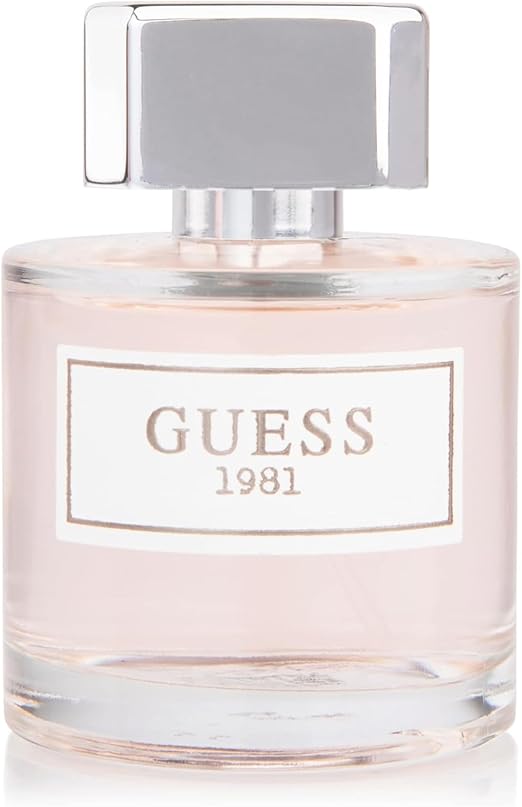 Foto del producto: frasco de perfume de vidrio transparente con líquido rosado, tapa plateada y etiqueta blanca
