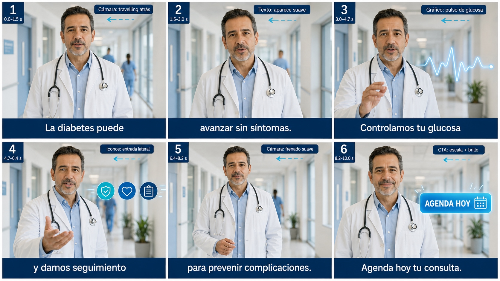 Storyboard de seis cuadros con un doctor de bata blanca en el pasillo de una clínica: cada cuadro trae su tiempo, su subtítulo y la animación que lleva — del gancho «La diabetes puede avanzar sin síntomas» al cierre «Agenda hoy tu consulta»