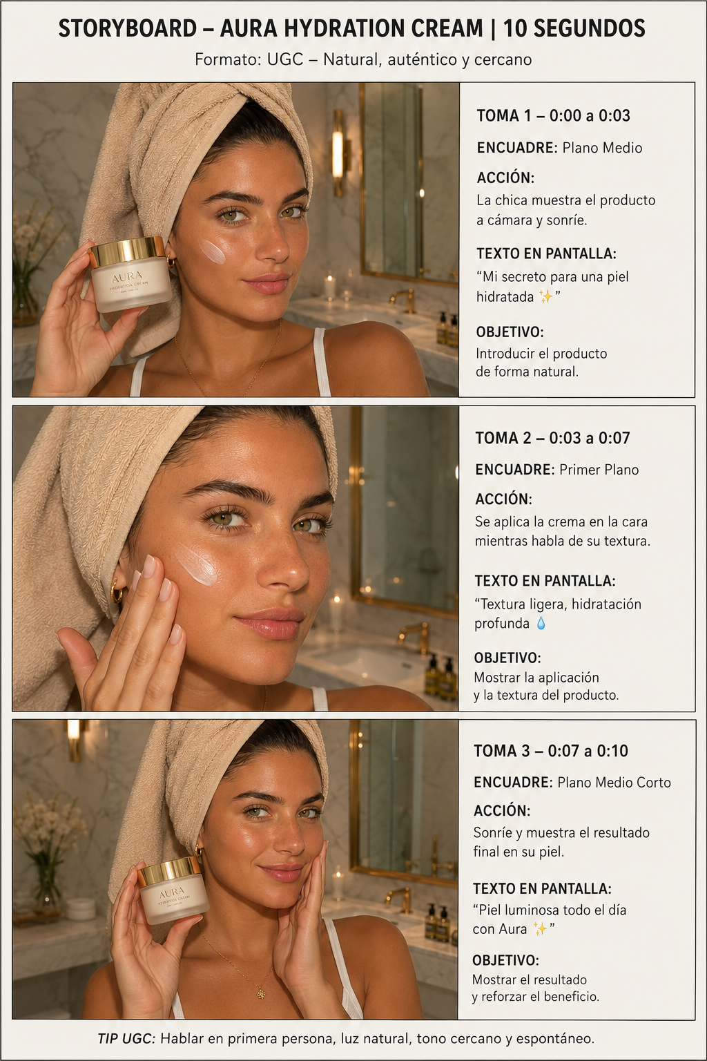 Storyboard de 3 cuadros del comercial UGC de AURA