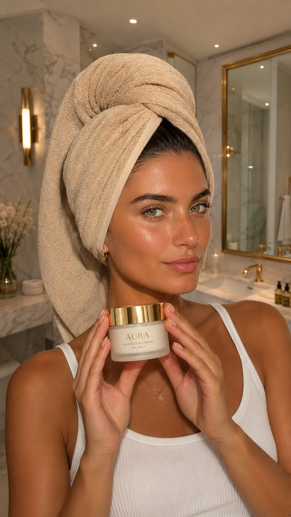 Influencer creada con IA sosteniendo la crema AURA