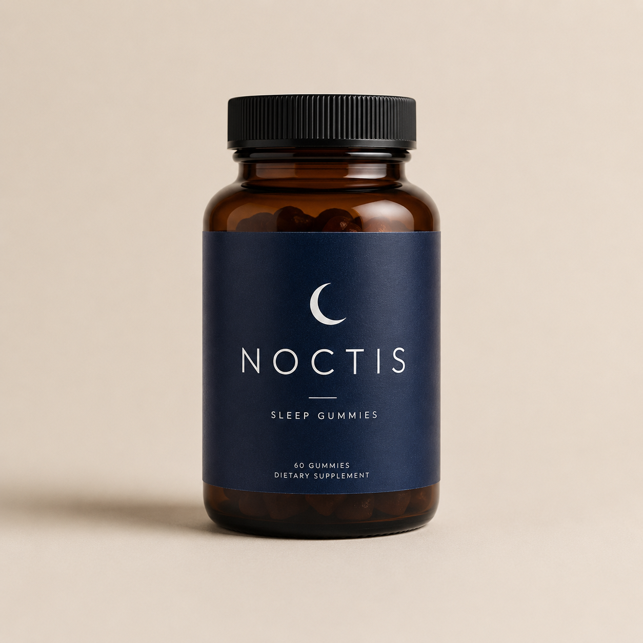 Frasco ámbar de gomitas para dormir con etiqueta azul noche sobre fondo beige
