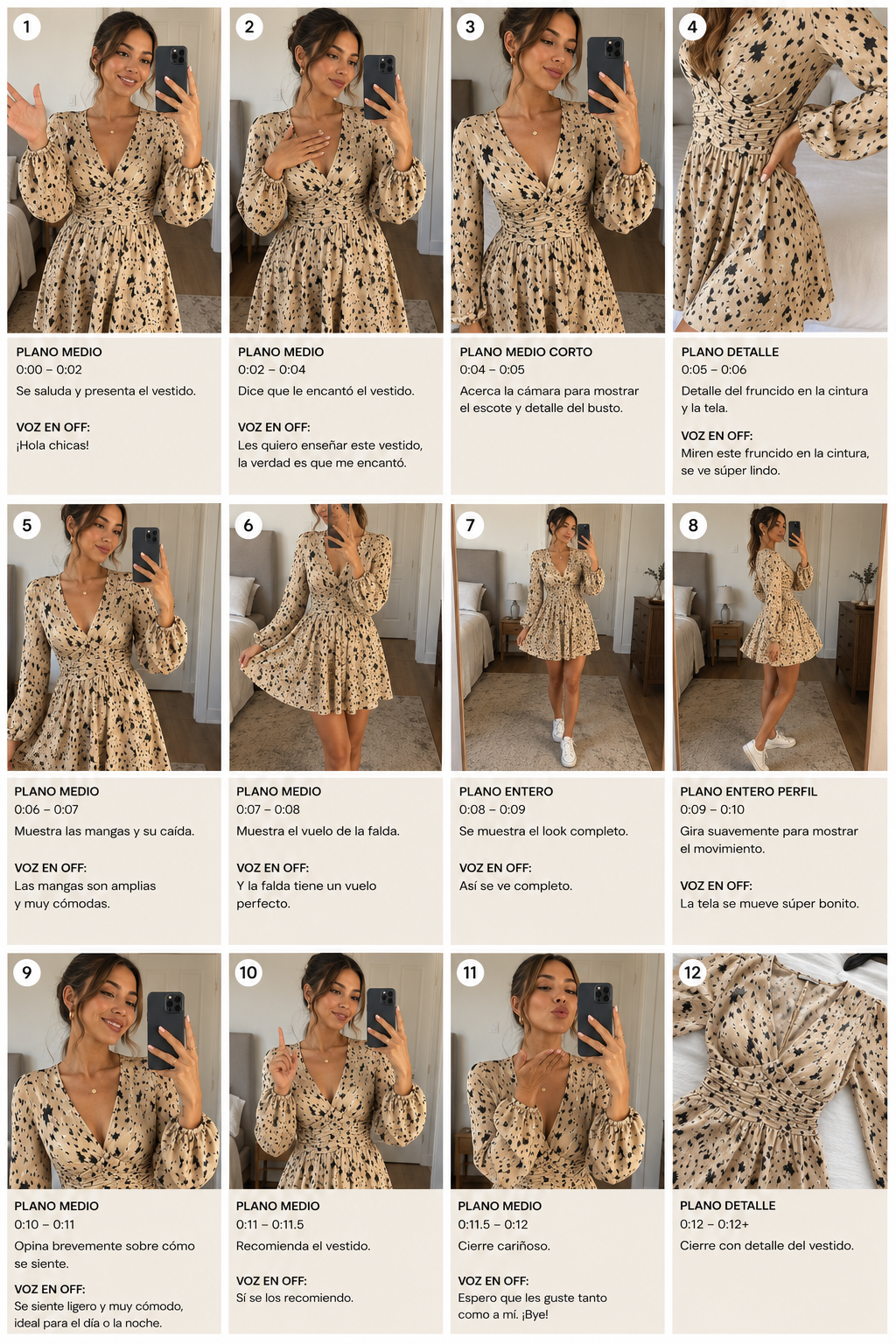 Storyboard de 12 cuadros del comercial UGC del vestido