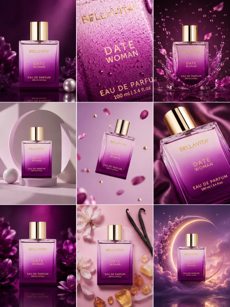 Grid 3x3 de campaña de un perfume morado