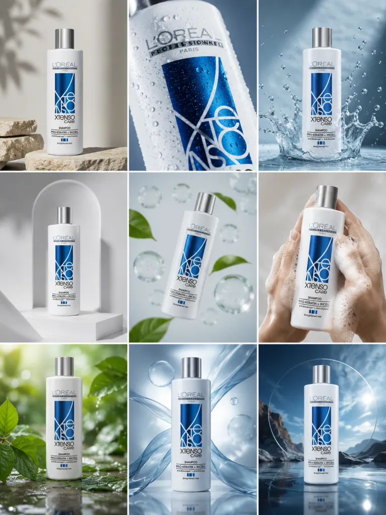 Grid 3x3 de campaña de un shampoo, nueve tomas con agua y frescura