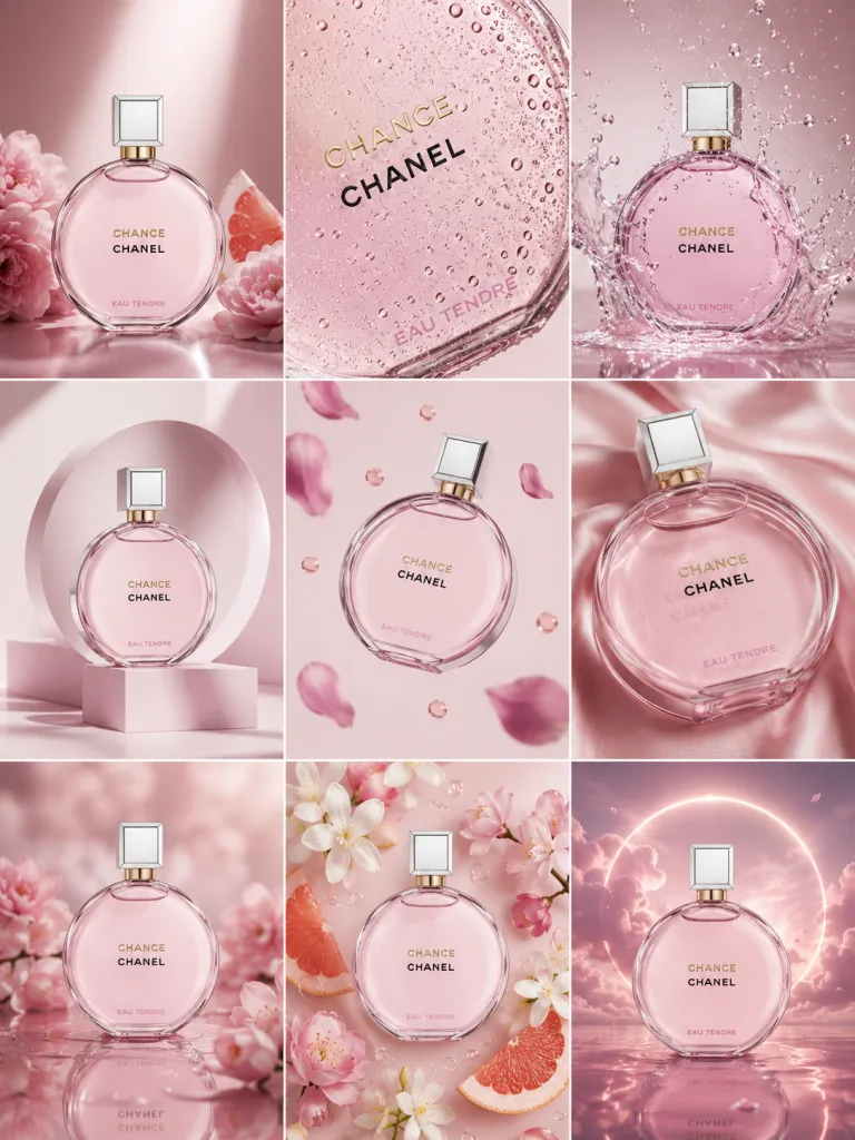 Grid 3x3 de campaña de un perfume rosa