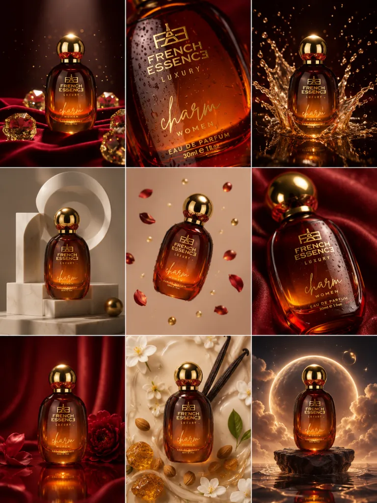 Grid 3x3 de campaña de un perfume ámbar sobre terciopelo rojo