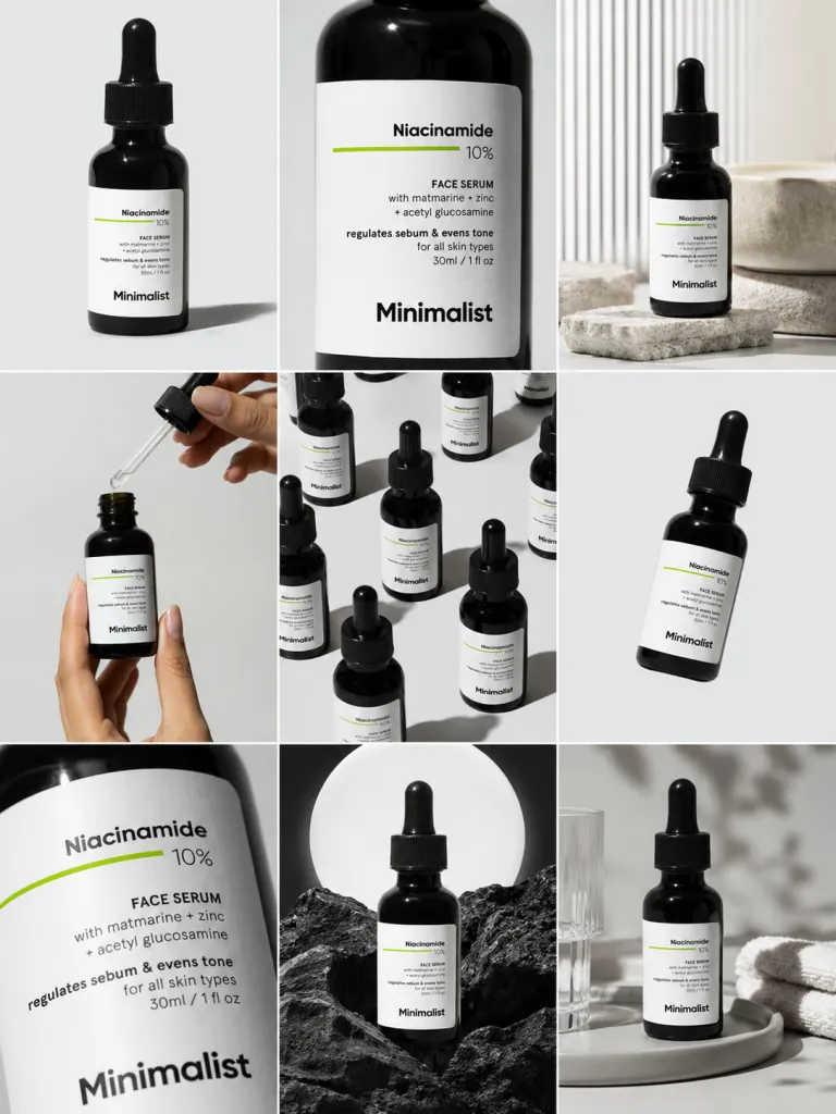 Grid 3x3 de campaña de lujo de un serum, nueve tomas del mismo producto