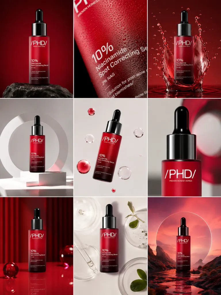 Grid 3x3 de campaña de lujo de un serum rojo, nueve conceptos visuales