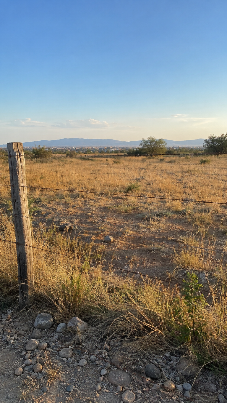 Terreno baldío con hierba seca, un poste de madera y cerca de alambre, cerros al fondo y cielo azul de tarde
