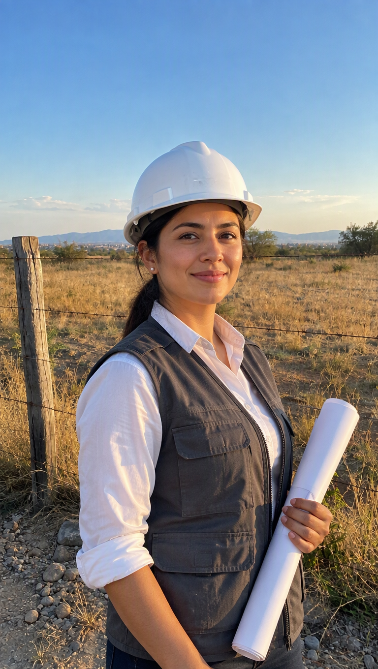 Arquitecta latina con casco blanco, chaleco gris y planos enrollados, de pie frente al terreno vacío