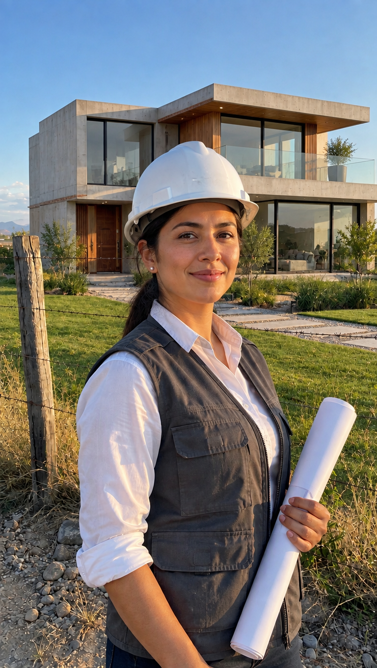 La misma arquitecta en la misma pose, ahora con una casa moderna minimalista de concreto, madera y ventanales detrás