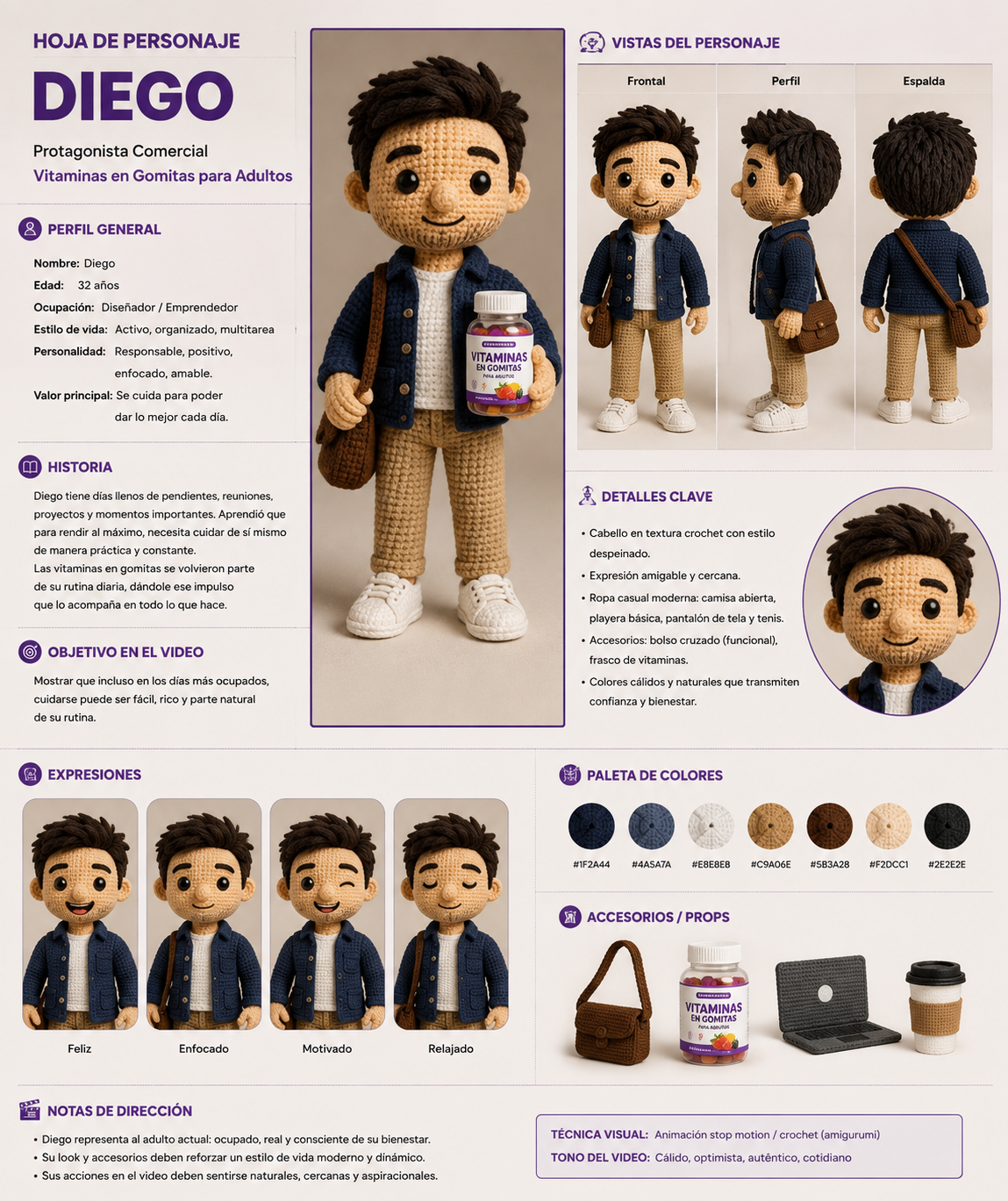 Hoja de personaje de Diego, un muñeco de crochet, con sus vistas frontal, perfil y espalda