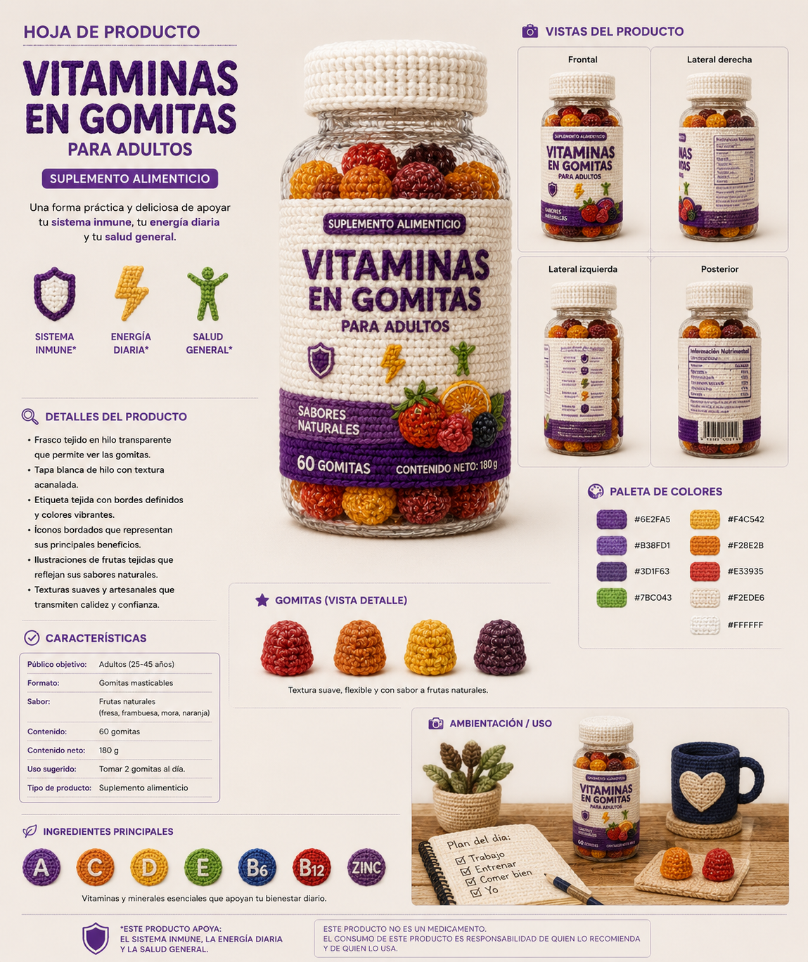 Hoja de producto del frasco de vitaminas tejido a crochet, con sus vistas y su paleta de colores