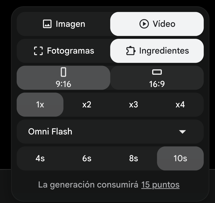 Configuración de Google Flow en modo Ingredientes