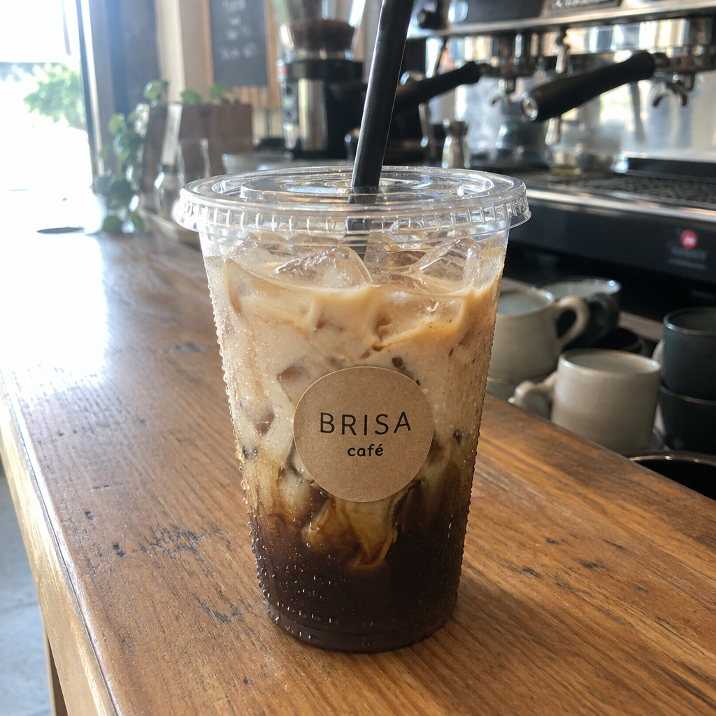 Café frío en vaso de plástico con hielo, capas de café y leche y etiqueta kraft BRISA café, sobre una barra de madera