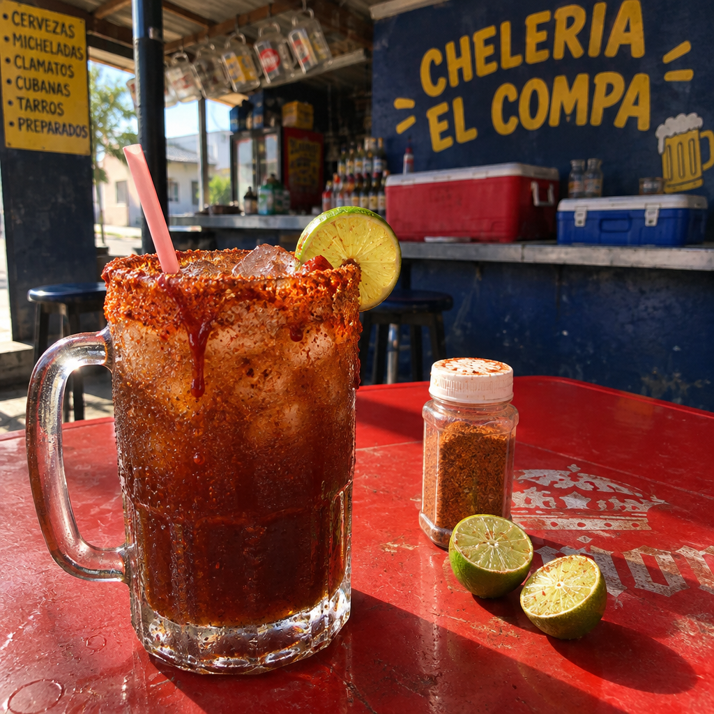 Tarro de michelada escarchado con chamoy y Tajín sobre una mesa roja, con limones, un salero y el letrero CHELERÍA EL COMPA al fondo