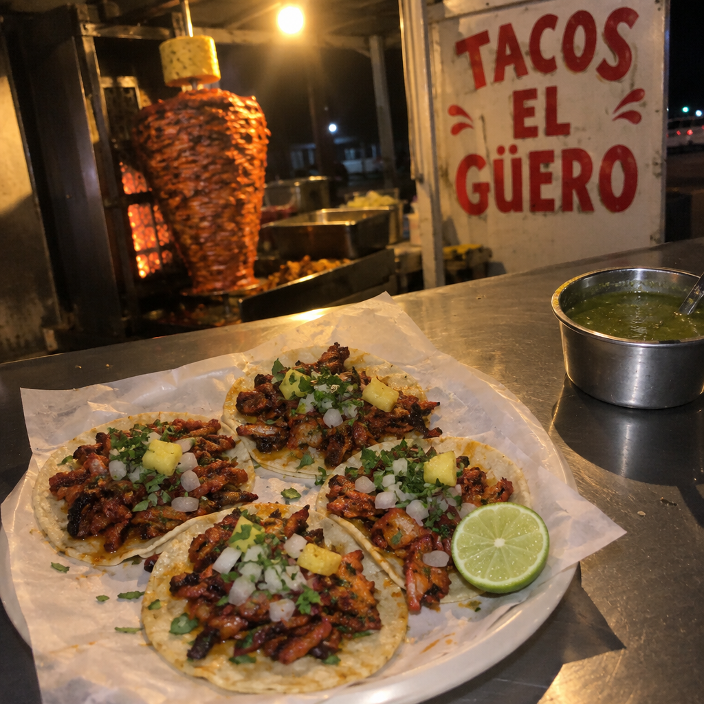Cuatro tacos al pastor en plato con papel encerado sobre la barra de un puesto de noche, con el trompo y el letrero TACOS EL GÜERO al fondo