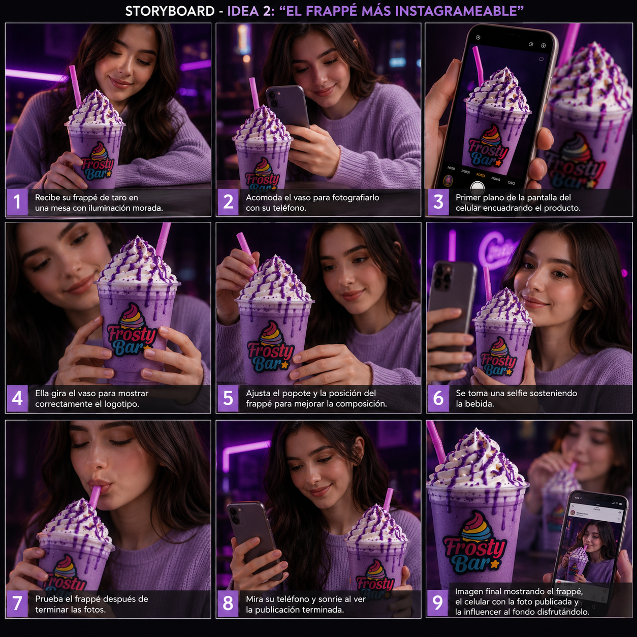 Storyboard de 9 escenas del frappé de taro