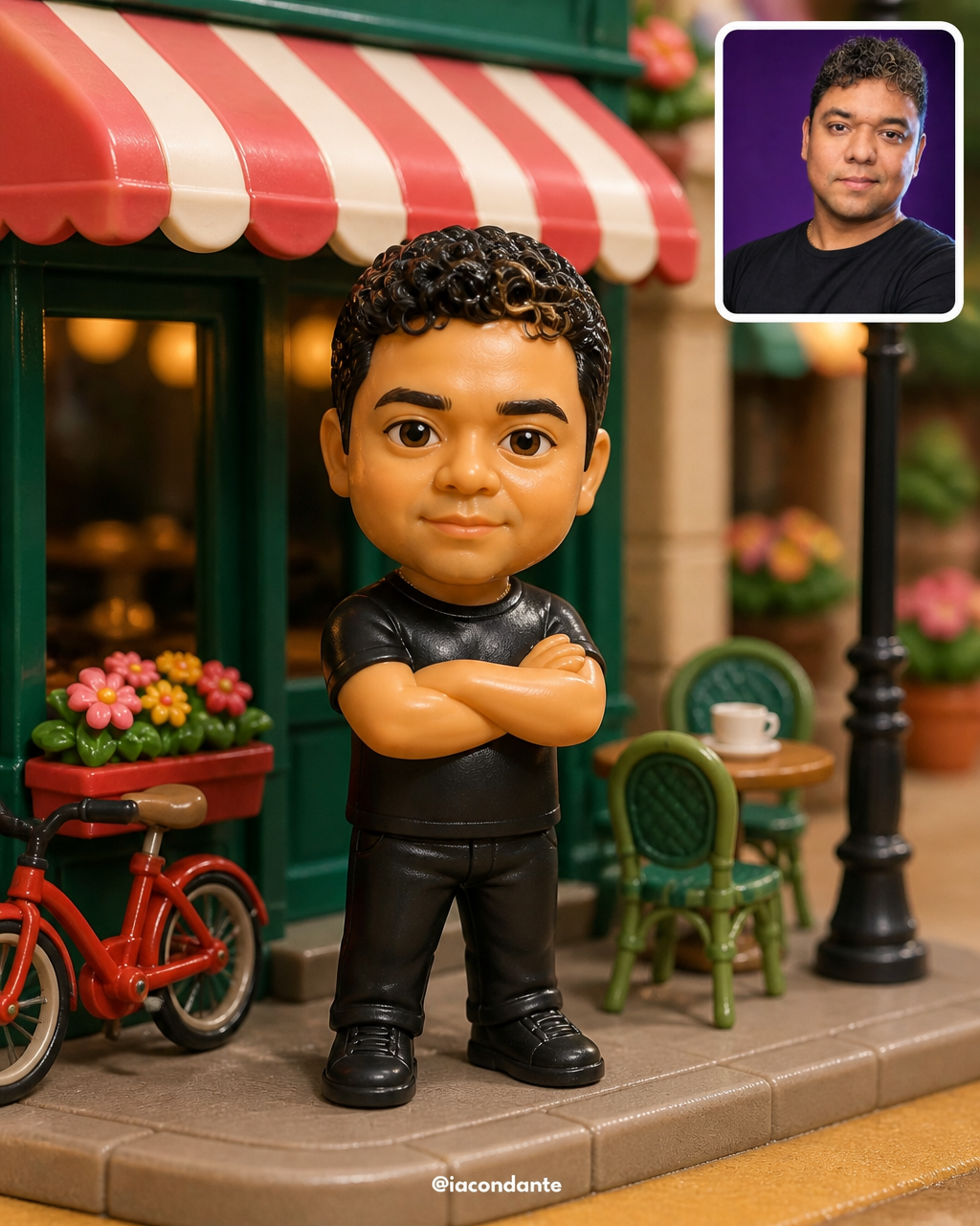 Figura de colección de plástico del mismo hombre frente a una cafetería de juguete
