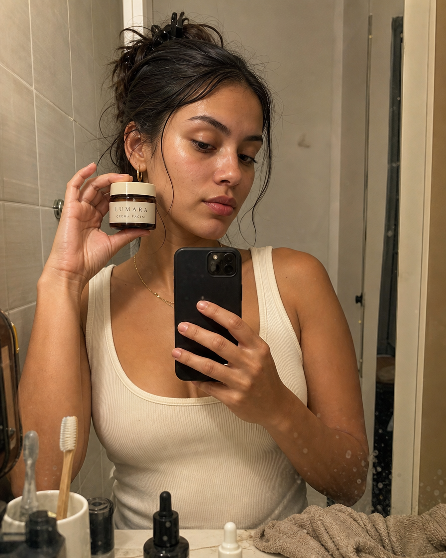 Skincare · selfie de espejo en el baño