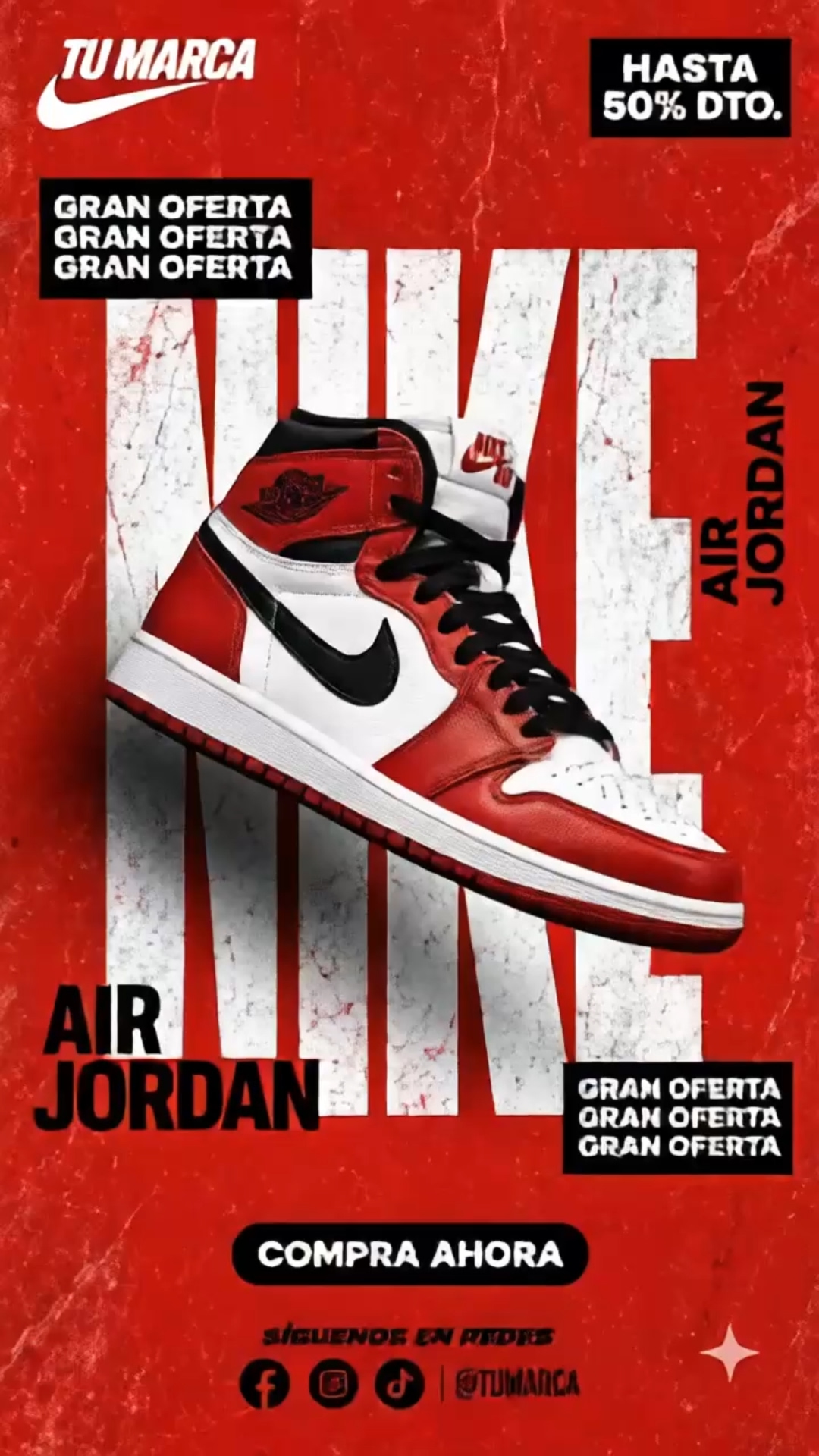 Flyer vertical rojo con el nombre de la marca en letras blancas gigantes detrás del tenis, recuadros negros de oferta y botón de compra