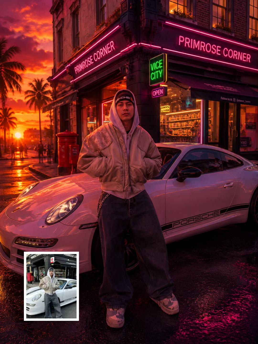 Hombre con hoodie apoyado en un Porsche blanco en una esquina con neón rosa al atardecer