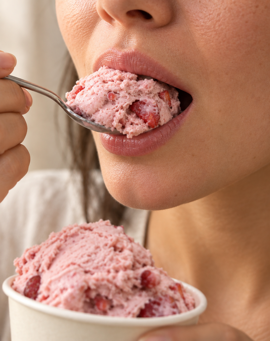 Primer plano de una boca a punto de recibir una cuchara con helado