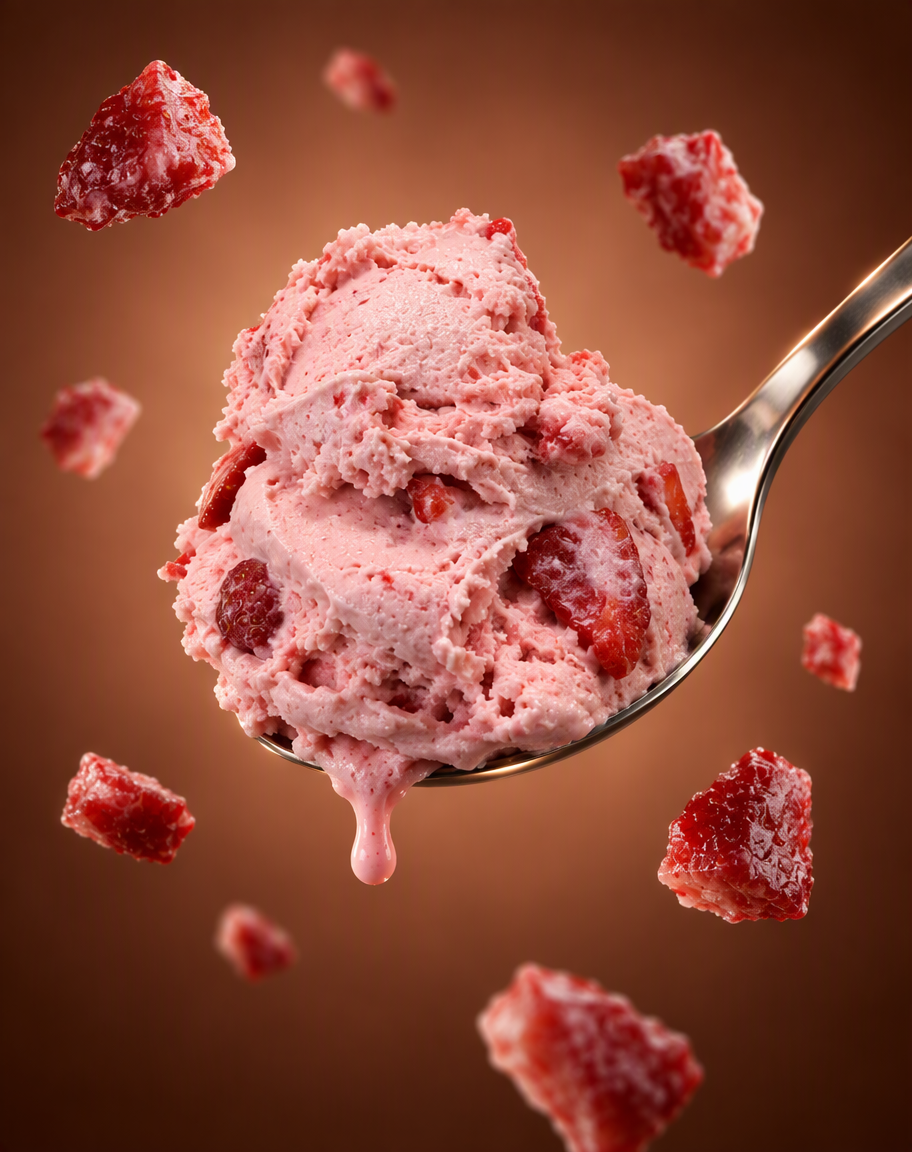 Cuchara metálica con una bola de helado, con trozos del ingrediente suspendidos alrededor