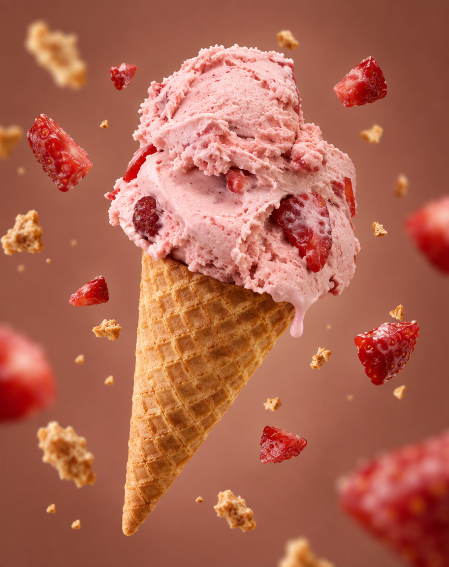 Cono de galleta con una bola de helado flotando, rodeado de trozos de fruta suspendidos en el aire