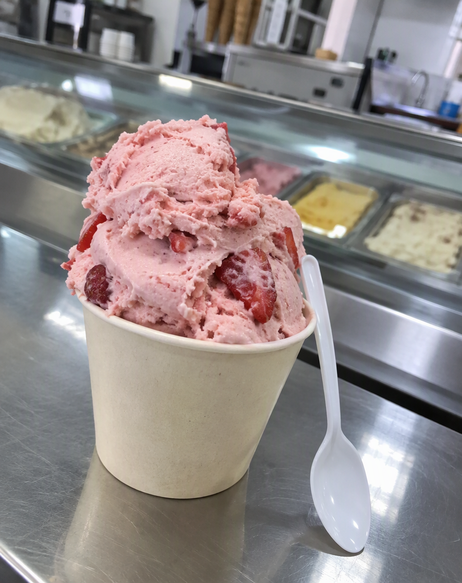 Vaso de helado de fresa artesanal fotografiado con un celular sobre el mostrador de una nevería