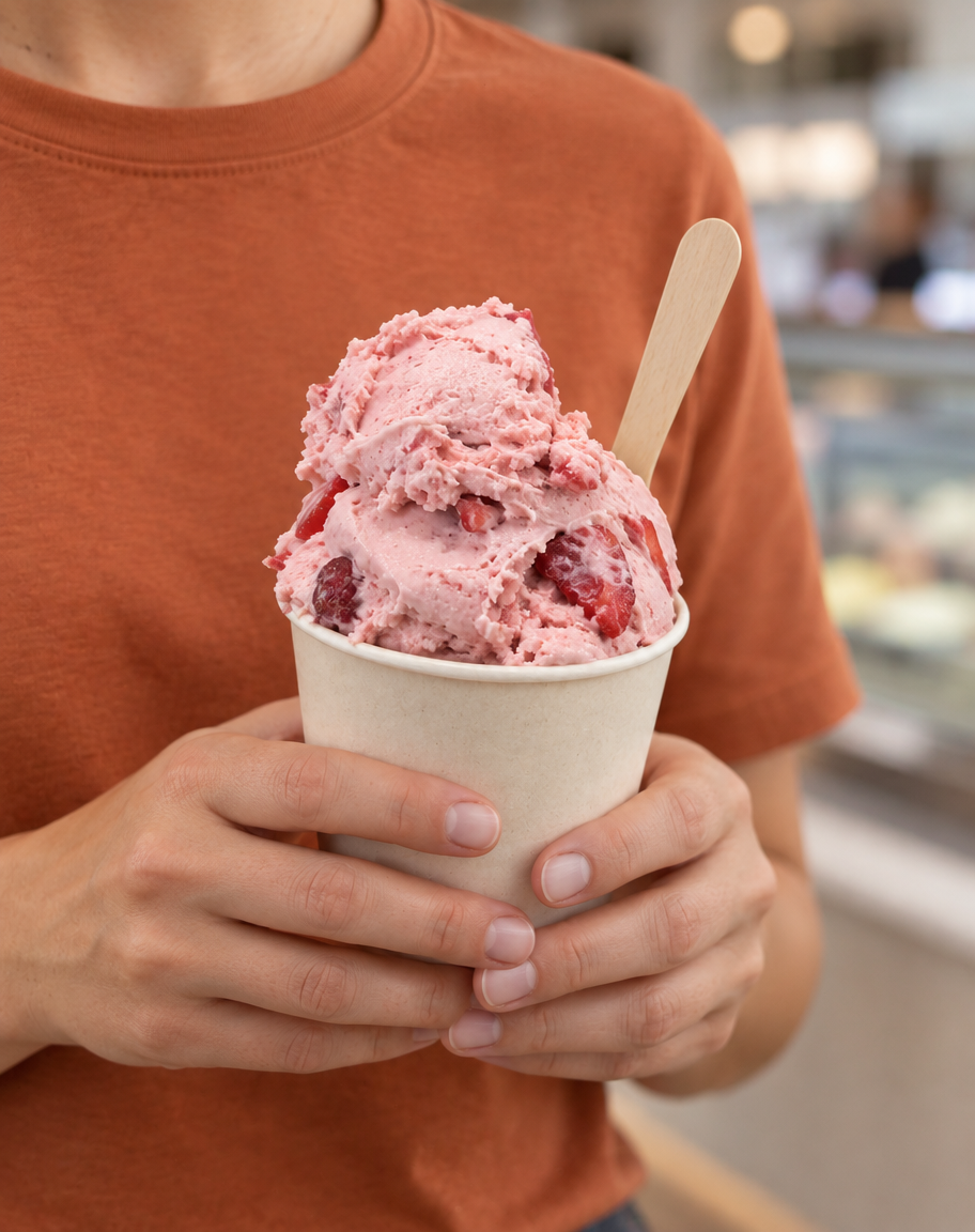 Persona sosteniendo un vaso de helado a la altura del pecho, sin que se le vea la cara