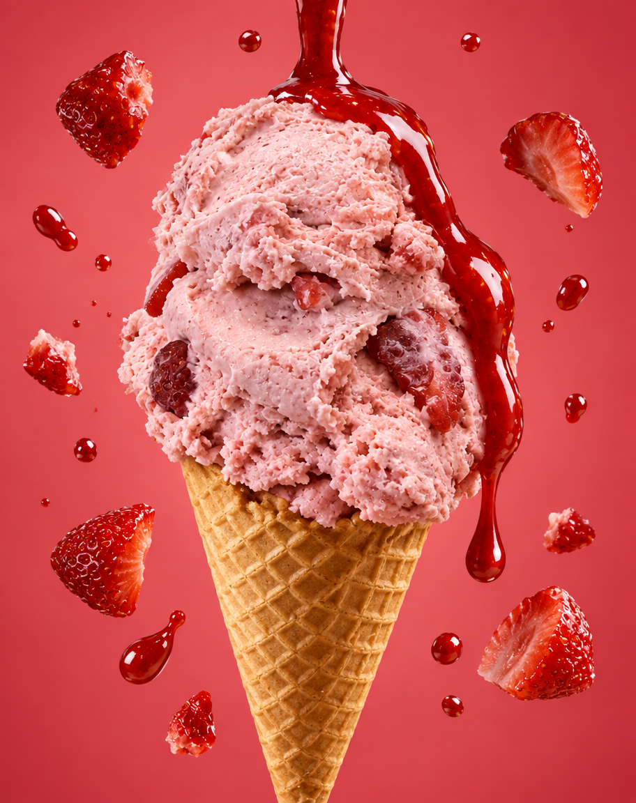 Cono de helado con salsa cayendo por encima y fruta flotando alrededor