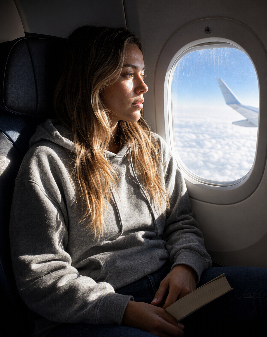 Ventanilla de avión · una sola fuente y sombra dura