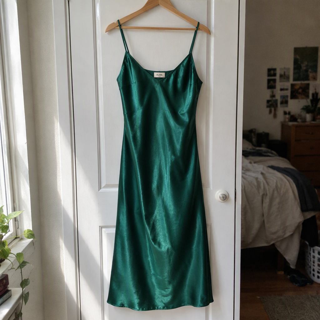 Vestido midi de satín verde esmeralda colgado en un gancho de madera en la puerta blanca de un clóset