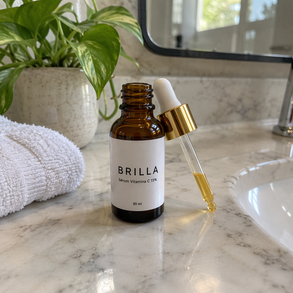Frasco gotero de vidrio ámbar con tapa dorada y etiqueta blanca BRILLA Sérum Vitamina C 15% sobre un lavabo de mármol