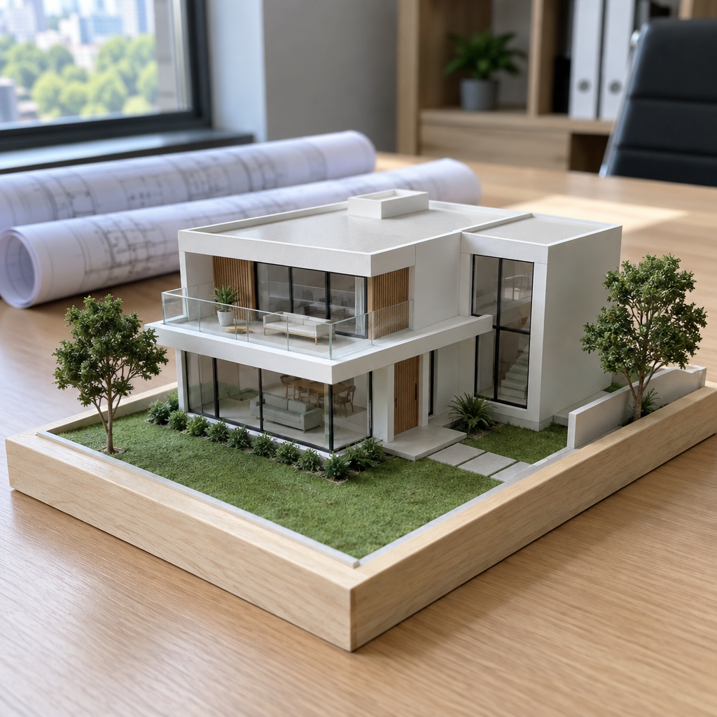 Maqueta blanca de una casa moderna de dos pisos con terraza y jardín sobre un escritorio