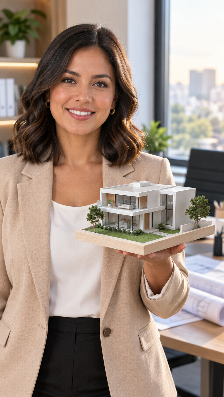 Asesora inmobiliaria con blazer arena sosteniendo la maqueta en la palma de la mano