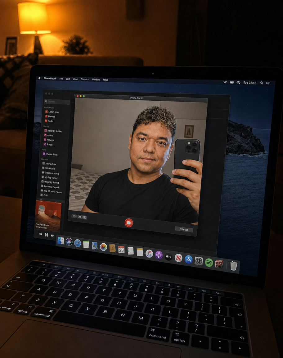 MacBook abierto en una sala oscura con Photo Booth en pantalla y dentro un hombre de pelo rizado haciéndose un selfie de espejo