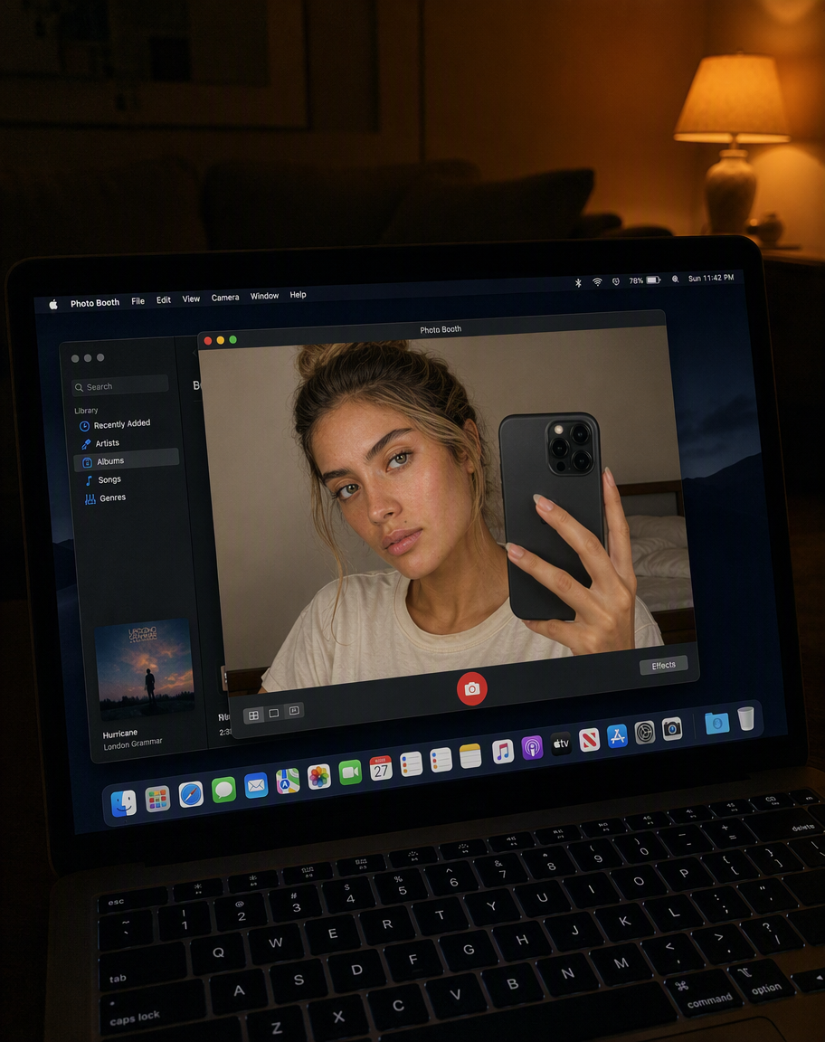 MacBook abierto en una sala oscura con Photo Booth en pantalla y dentro una mujer rubia haciéndose un selfie de espejo