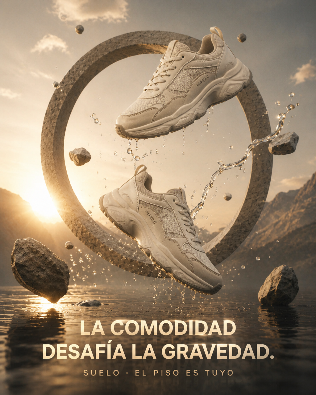 Par de tenis flotando dentro de un anillo de piedra roto sobre el agua al atardecer