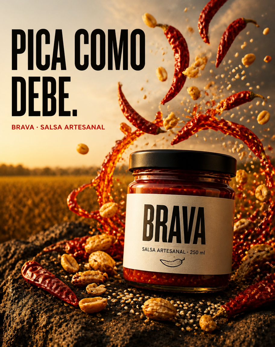 Frasco de salsa artesanal sobre piedra volcánica con chiles y cacahuates estallando en el aire