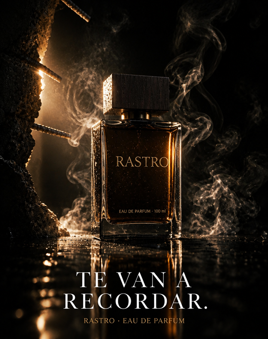 Frasco de perfume ámbar entre volutas de humo sobre una superficie negra espejada