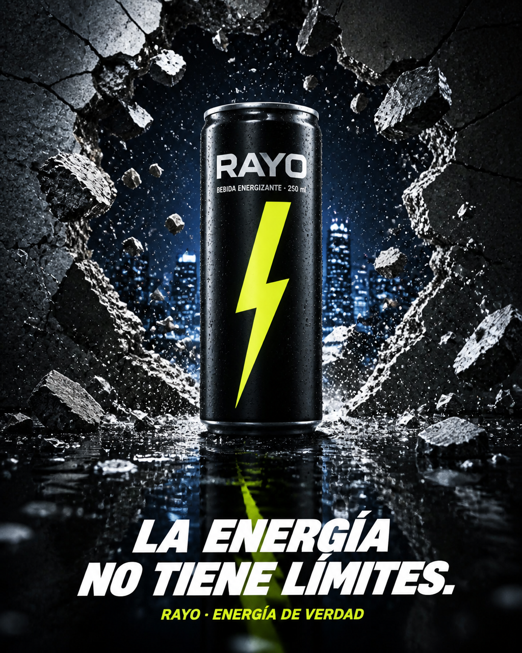 Lata negra de bebida energética reventando un muro de concreto con la ciudad de noche al fondo