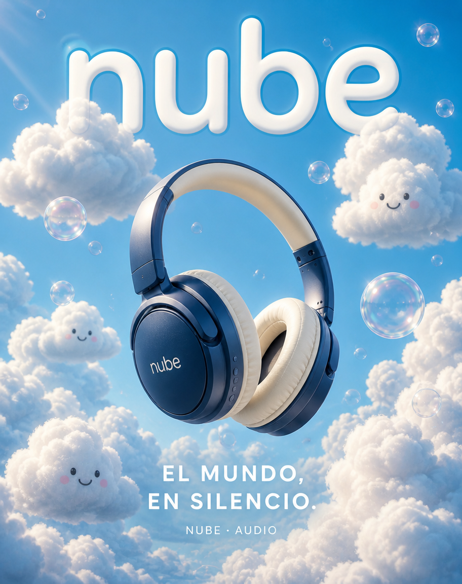 Audífonos azules flotando entre nubes de caricatura en un cielo azul brillante