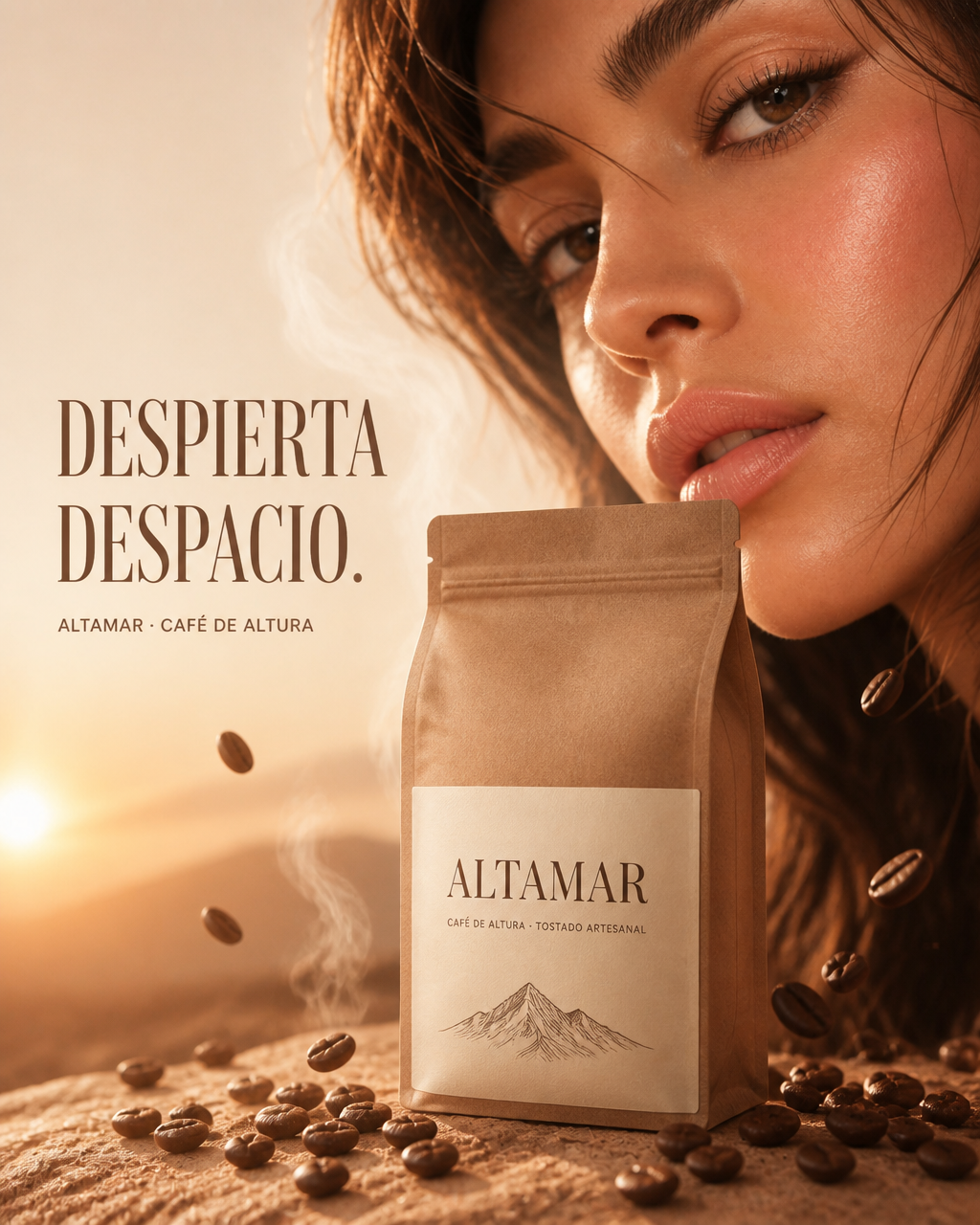 Bolsa de café artesanal al amanecer con granos flotando y una modelo al fondo