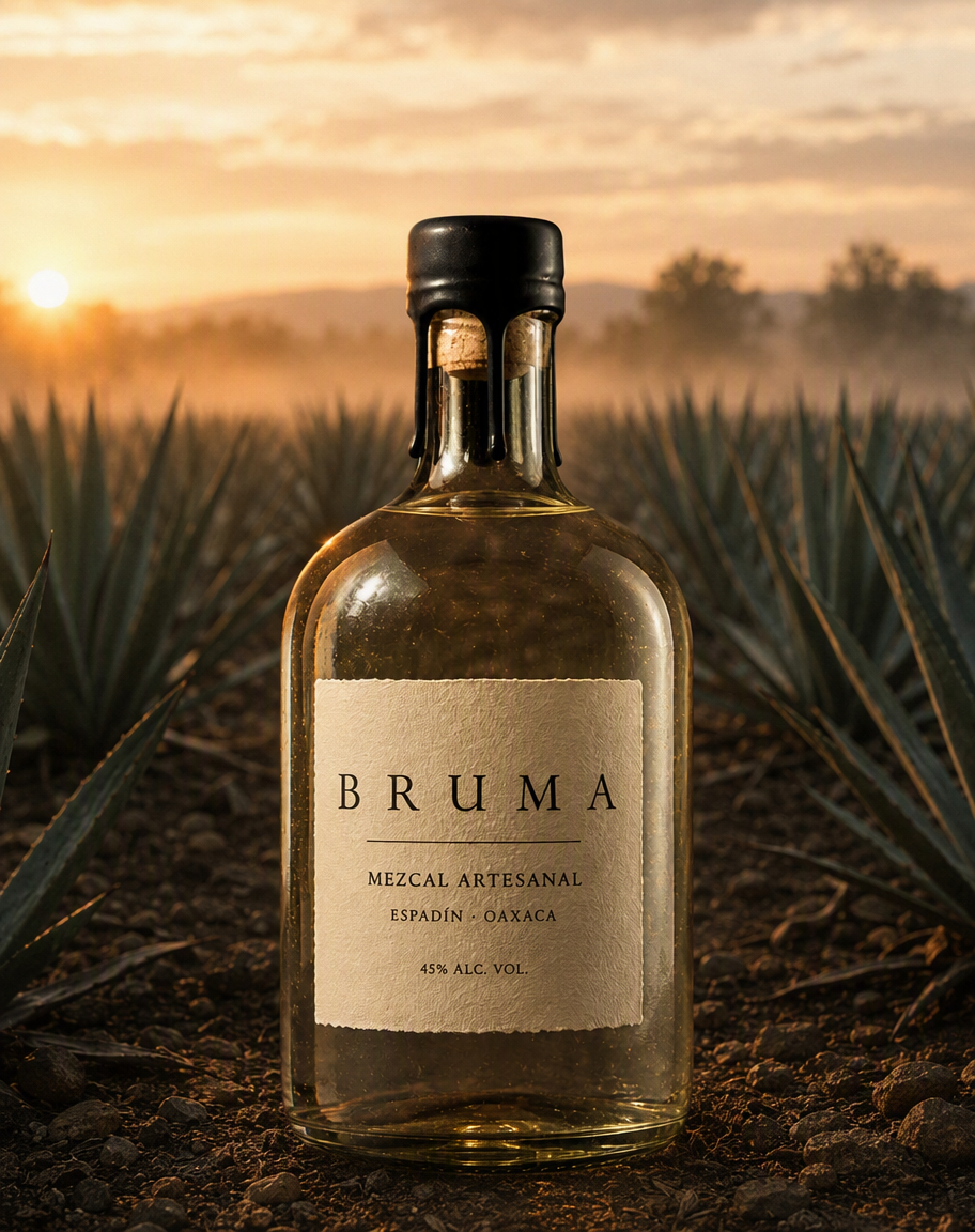 Botella en primer plano sobre tierra seca con hileras de agaves y niebla al amanecer